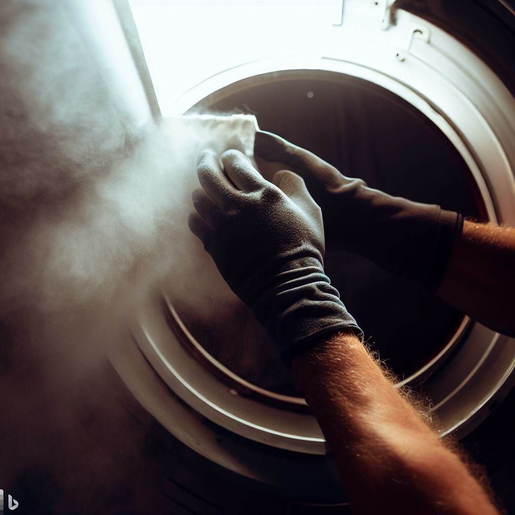 Person wearing gloves opens a steaming washing machine door